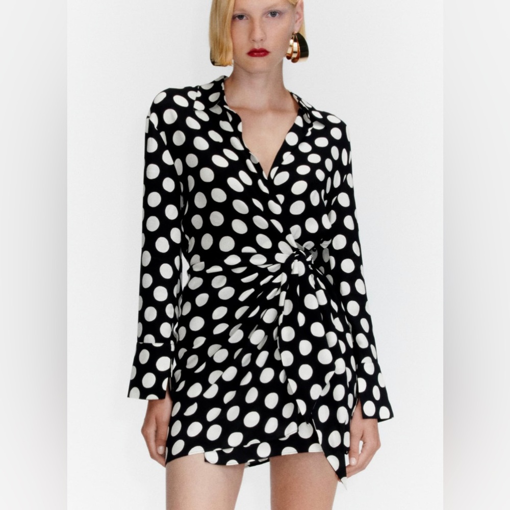 Zara satin Dot shirt Dress black and white size large